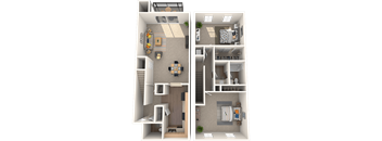 Pet Friendly Apartments in Tampa Florida – The Commons – 3D floorplan of 2 bed 1.5 bath floorplan