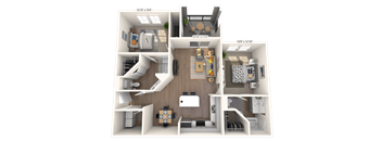 A 3D Floorplan of a two bedroom apartment with a balcony at The Sanctuary at 331 in Santa Rosa Beach Florida