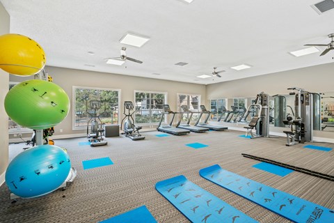 a gym with cardio equipment and exercise balls on the floor