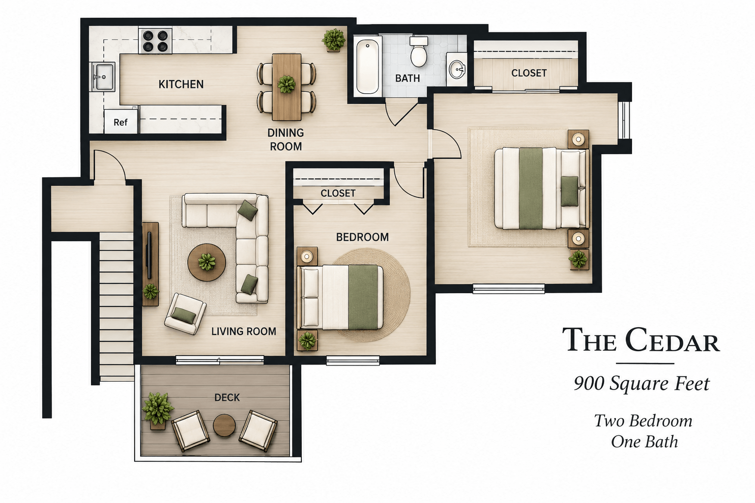 A floor plan of a 900 square feet home with two bedrooms and one bath.