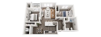 A top-down view of a small apartment layout with a kitchen, living room, and bedroom.