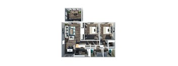 A series of images showing different views of a modern apartment layout.