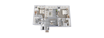 A 3D floor plan of a house with a living room, dining room, kitchen, and two bedrooms.