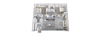A top-down view of a well-furnished living room, kitchen, and dining area.