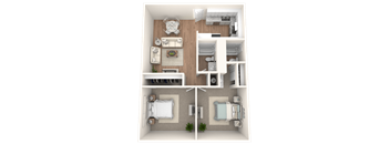 A top-down view of a small apartment with a living room, kitchen, and two bedrooms.