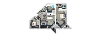 2 bedroom, 2 bathroom floor plan with 1,255 sq. ft. at Passenger Flats, a pet-friendly apartment community in Chattanooga, Tennessee, near downtown and the riverfront.