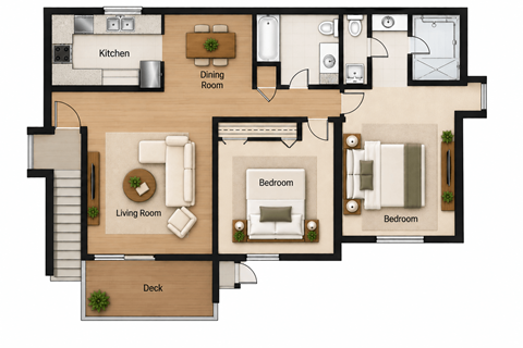 A floor plan of a house showing a kitchen, dining room, living room, two bedrooms, and a deck.