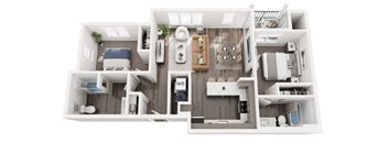 A 3D floor plan of a small apartment with two bedrooms, a living room, and a kitchen.