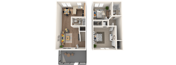 a rendering of a floor plan with a bedroom and a living room