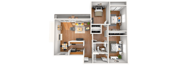 A 3D rendered image of a small apartment layout.