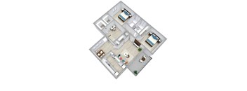 A top-down view of a house with two bedrooms, a living room, a kitchen, and a dining area.