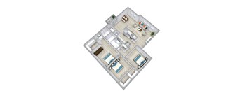 A top down view of a house with a kitchen, living room, dining room, and two bedrooms.