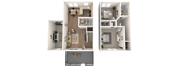 a rendering of a floor plan with a bedroom and a living room