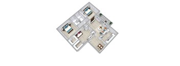 A 3D floor plan of a house with two bedrooms, a living room, a kitchen, and a bathroom.