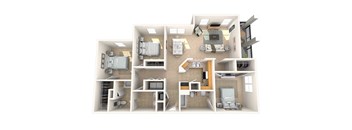 A 3D floor plan of a house showing a kitchen, living room, and two bedrooms.
