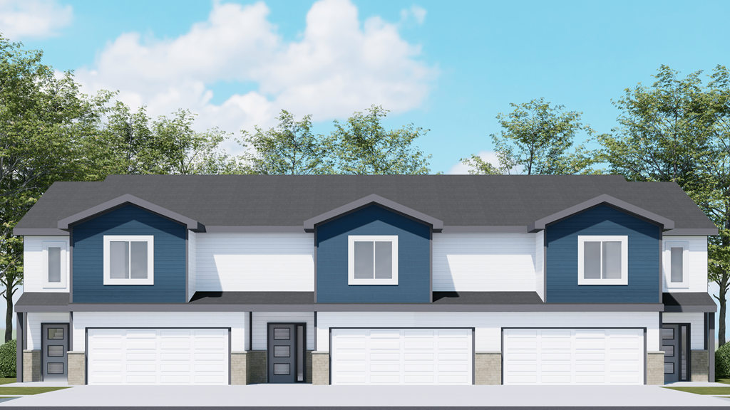 a rendering of a blue and with garage doors