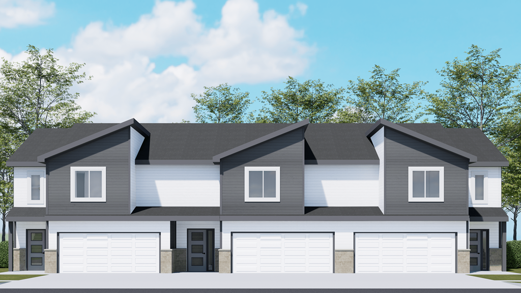 a rendering of a house with three asymmetric roofs on a street