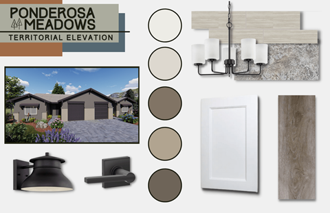 A collection of home decor items including a house, light fixtures, and paint swatches.