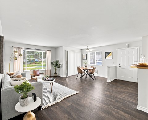 A living room with a grey sofa, a coffee table, a dining table with chairs, and a kitchen area with a countertop.