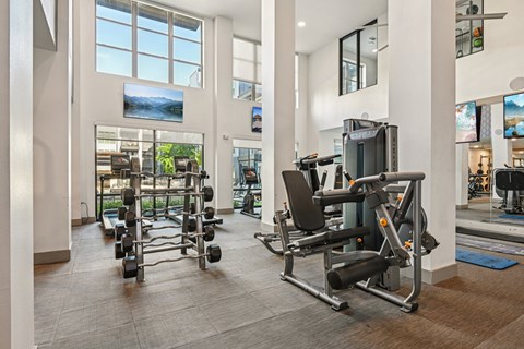 A gym with a variety of equipment including a leg press machine.
