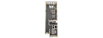 A top-down view of a small apartment layout with a kitchen, living room, and bathroom.