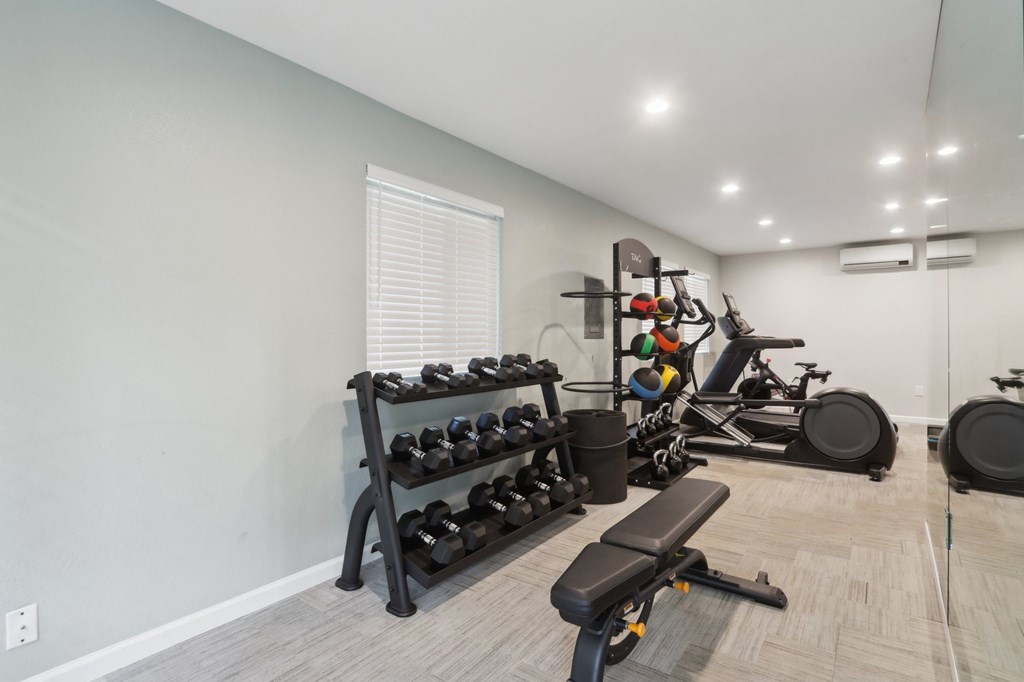 A well-equipped home gym with a bench, dumbbells, and exercise machines.
