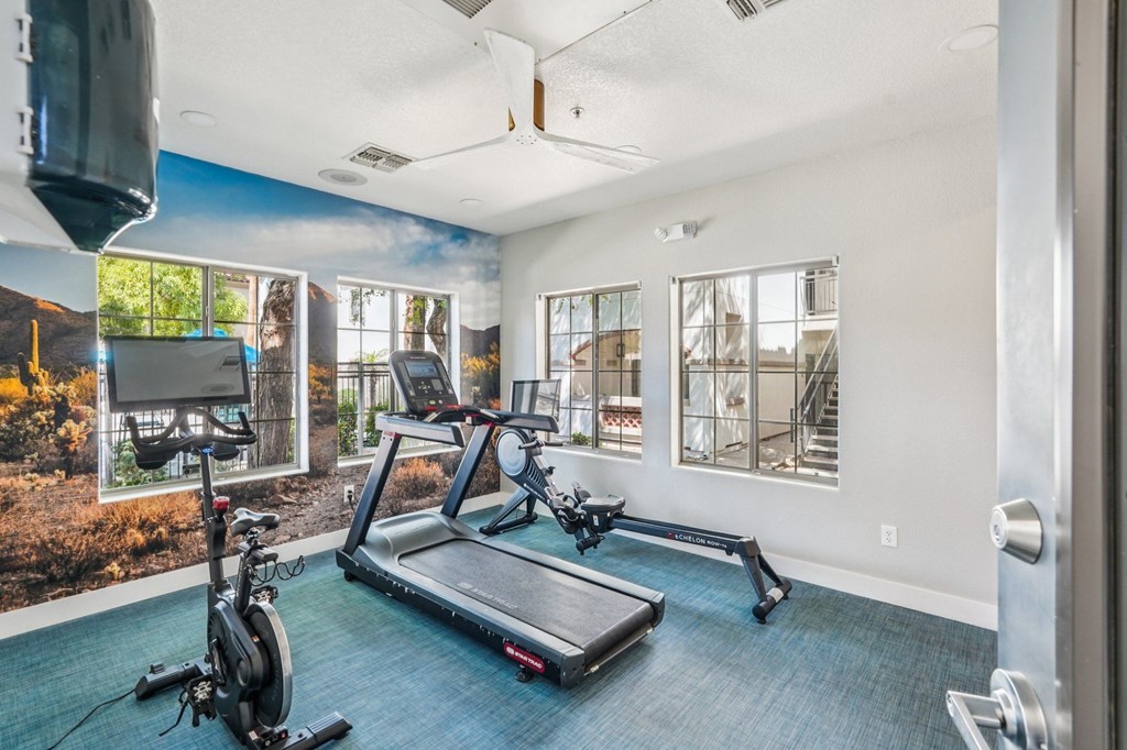 A home gym with a treadmill, stationary bike, and rowing machine.