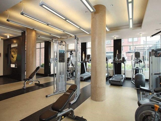 Fitness center with large windows, treadmills and workout benches