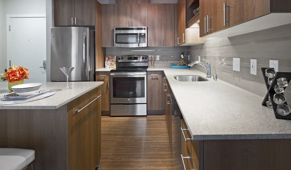 a kitchen with wooden cabinets and stainless steel appliances at Astro Apartments, Seattle