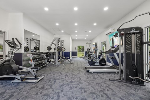 A spacious gym with a variety of equipment including treadmills, weight machines, and free weights.