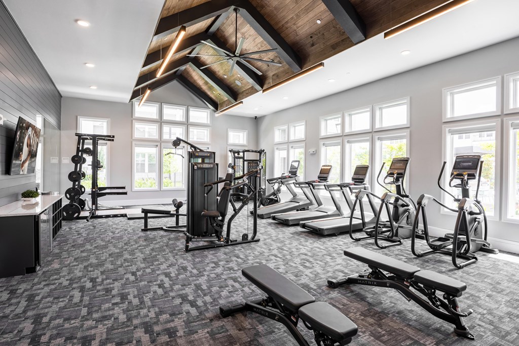 a rendering of a fitness room with cardio equipment and windows