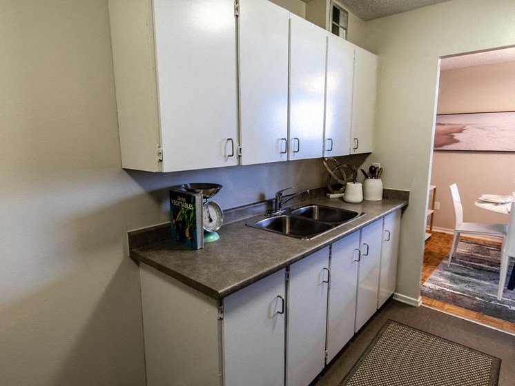 a kitchen with white cabinets and a sink