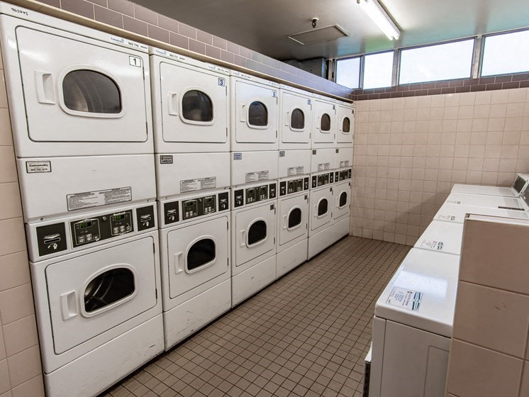 a row of washers and dryers in a laundry room