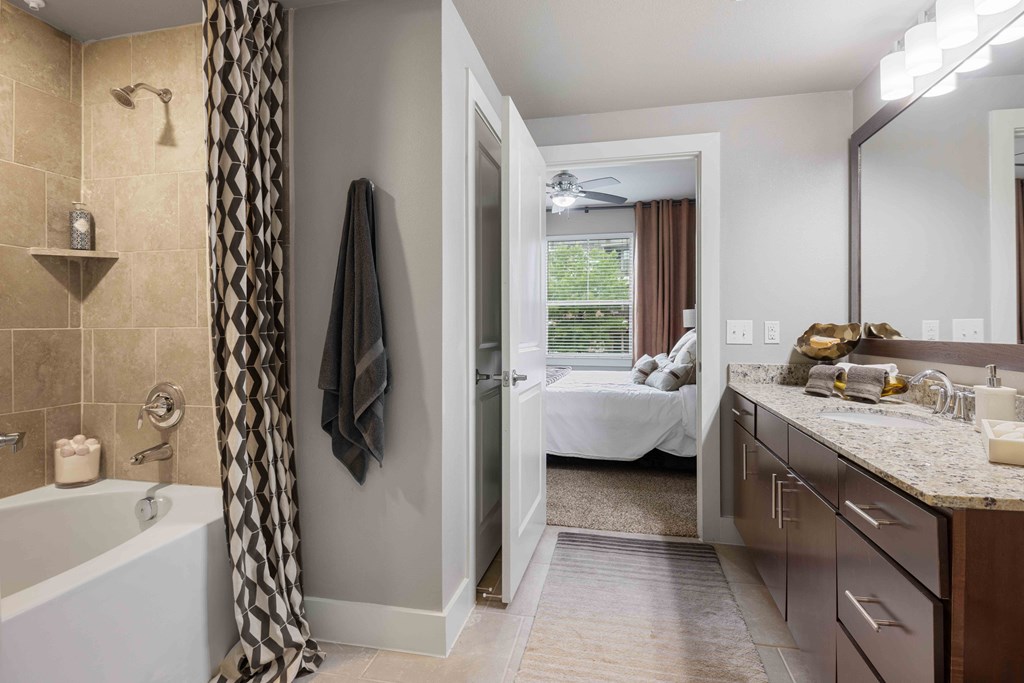 33Hundred Apartments in Austin Texas photo of modern bathroom with view of bedroom