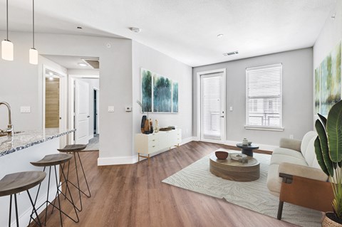 a living room with white walls and wooden floors and a white couch