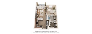33hundred Apartments A1 one-bedroom floorplan in Austin TX 78728 featuring open-concept living room, modern kitchen with wood-style flooring, spacious bedroom, and full bathroom