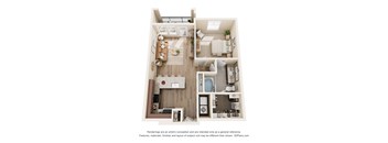 A2 floorplan at 33hundred Apartments in Austin Texas—one-bedroom layout with open living area, contemporary kitchen, large bedroom, and full bath