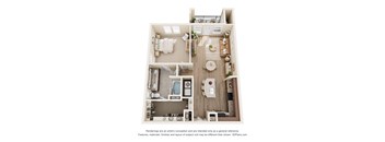 33hundred Apartments A3 one-bedroom floorplan in Austin TX showcasing open kitchen and living space, generous bedroom, modern finishes, and full bath