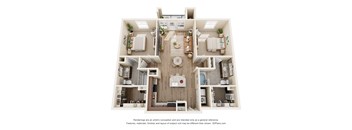 B1 two-bedroom floorplan at 33hundred Apartments in Austin TX 78728 featuring split-bedroom layout, open living room, modern kitchen, and two full bathrooms