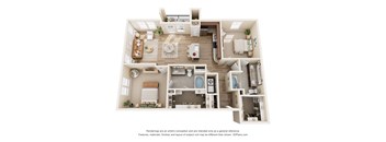 33hundred Apartments B2 two-bedroom floorplan in Austin Texas with spacious living area, large kitchen, two bedrooms with ample closet space, and two full baths