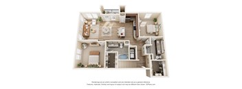 B2 upgraded two-bedroom floorplan at 33hundred Apartments Austin TX—open-concept layout with modern kitchen, spacious bedrooms, and two bathrooms.