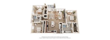 C1 three-bedroom floorplan at 33hundred Apartments in Austin TX 78728 featuring expansive living room, large kitchen, three bedrooms, and two full bathrooms.