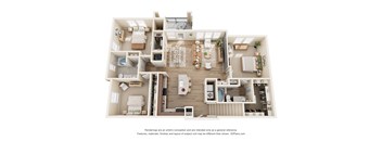 33hundred Apartments C1 three-bedroom layout in Austin Texas with open living and dining space, modern kitchen, three spacious bedrooms, and two bathrooms.