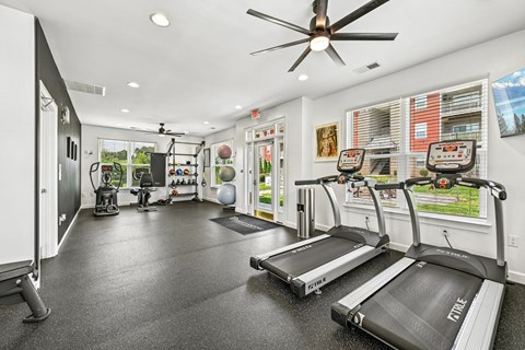 A spacious Hawks Landing fitness center in Hickory NC featuring treadmills and modern exercise equipment