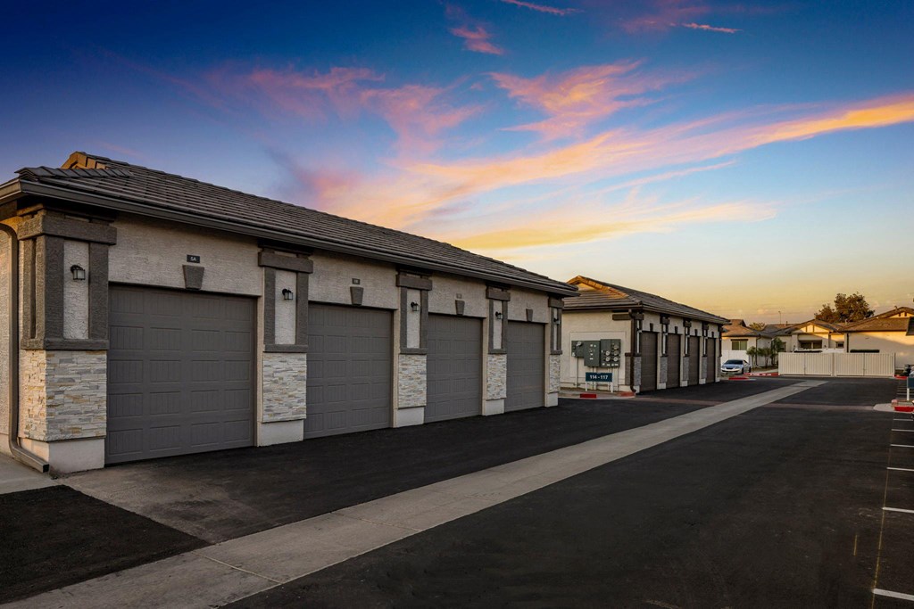 A row of garage doors are closed.