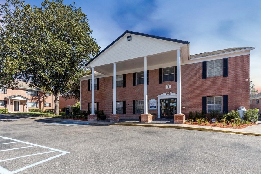 Exterior of the leasing office at Townsend Apartments in Jacksonville near Atlantic Beach, Florida.