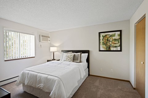 a bedroom with a bed and a window