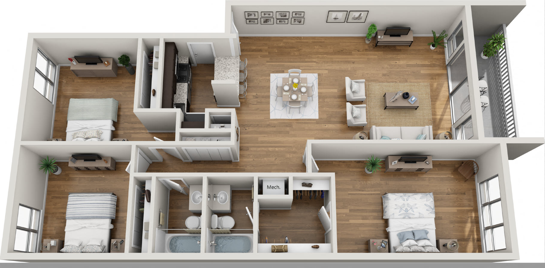 3 Bed 2 Bath 1370 square feet floor plan 3d furnished