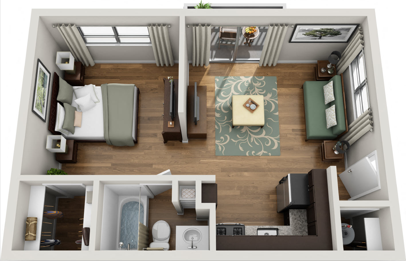 Studio 475 square feet floor plan 3d furnished