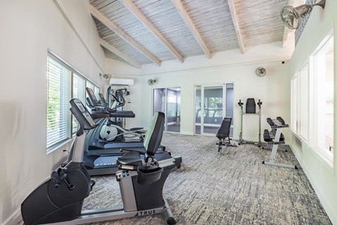 Modern gym with cardio and weight machines at 39th Avenue Apartments in Gainesville, FL